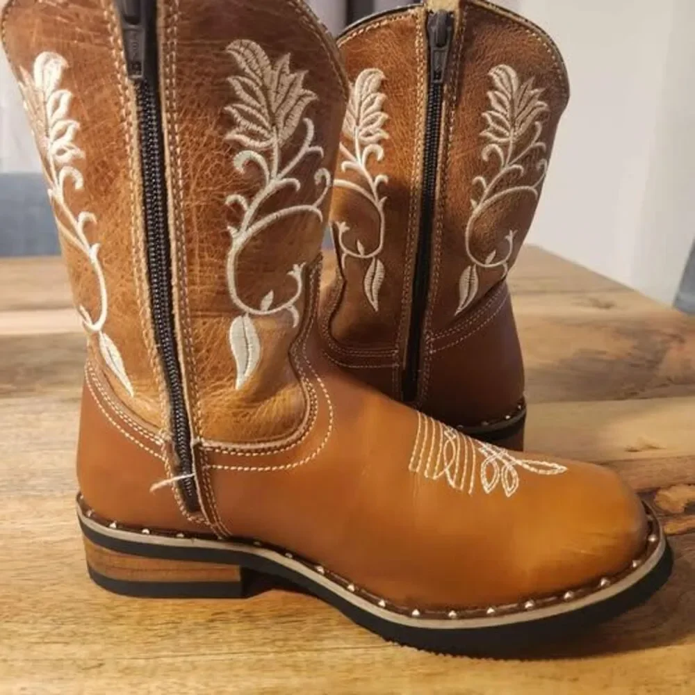 Brown Square Toe Real Leather Cowboy Boots from Zacatecas Size 20.5 MX 1.5 Kids